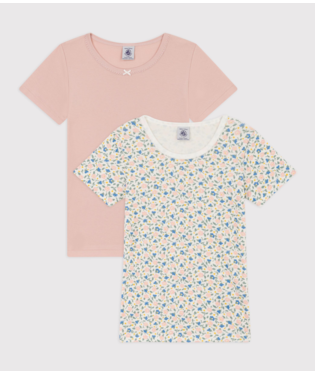 Girls' Short-Sleeved Floral Cotton T-Shirt - 2-Pack