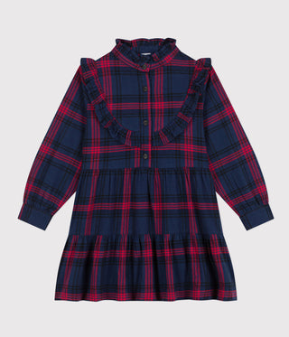 Girls' Long-Sleeved Checked Dress in Checked Cotton Flannel