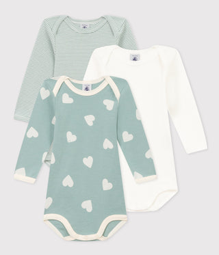Babies' Heart Patterned Long-Sleeved Cotton Bodysuits - 3-Pack
