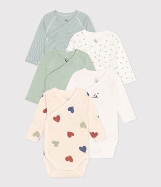 Babies' Long-Sleeved Wrapover Cotton Bodysuits - 5-Pack