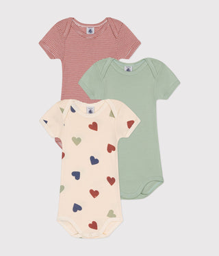 Babies' Tri-Heart Patterned Short-Sleeved Cotton Bodysuits - 3-Pack