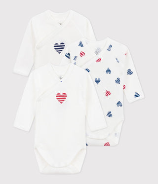 Babies' Long-Sleeved Wrapover Stripy Heart Pattern Cotton Bodysuits - 3-Pack