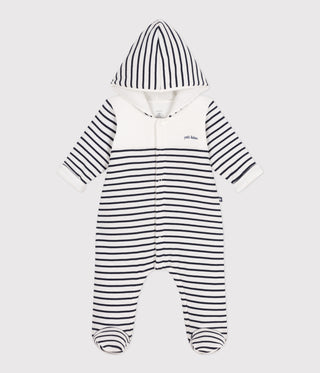Babies' Breton-Stripe Padded Playsuit With a Hood and Feet