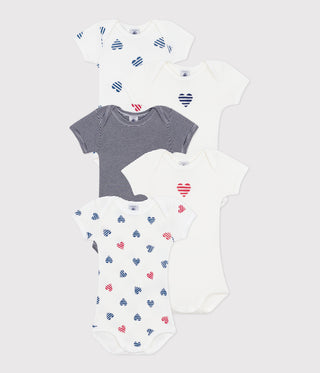 Babies' Stripy Heart Patterned Short-Sleeved Cotton Bodysuit - 5-Pack