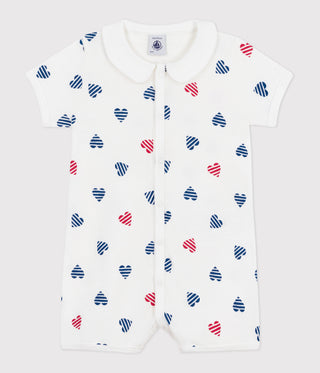 Babies' Short-Sleeved Stripy Heart Cotton Jumpsuit