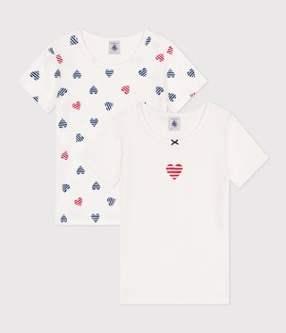 Girls' Short-Sleeved Stripy Heart Pattern Cotton T-shirts - 2-Pack