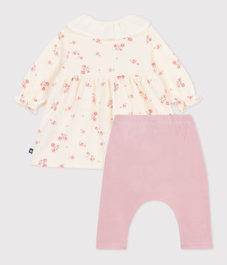 Babies' Floral Print Dress With A Collar And Leggings In Cotton