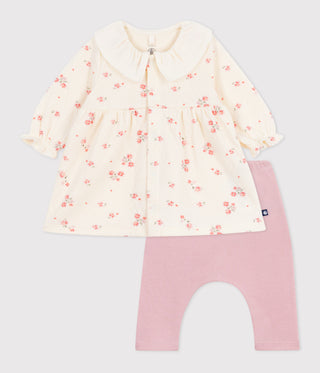 Babies' Floral Print Dress With A Collar And Leggings In Cotton