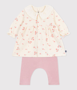 Babies' Floral Print Dress With A Collar And Leggings In Cotton