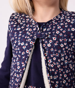 Girls' Sleeveless Cardigan in Printed Cotton Poplin and Sherpa 