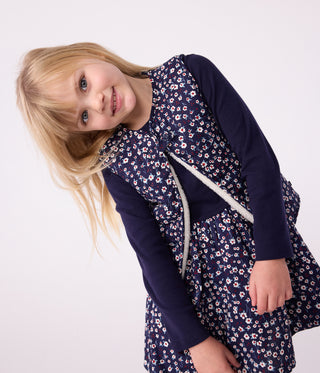 Girls' Sleeveless Cardigan in Printed Cotton Poplin and Sherpa 
