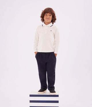 Children's Long-Sleeved Printed Cotton White Polo Shirt