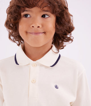 Children's Long-Sleeved Printed Cotton White Polo Shirt