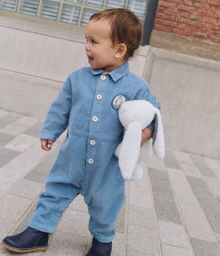 Babies' Long, Plain Overall-Style Corduroy Playsuit Adriatic
