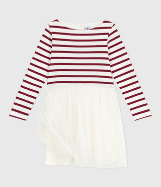 Girls' Long-Sleeved Stripy Dress in Cotton and Tulle