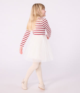Girls' Long-Sleeved Stripy Dress in Cotton and Tulle