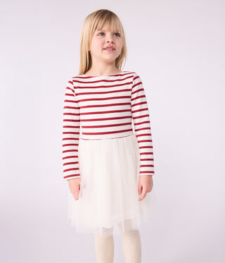 Girls' Long-Sleeved Stripy Dress in Cotton and Tulle