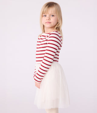 Girls' Long-Sleeved Stripy Dress in Cotton and Tulle