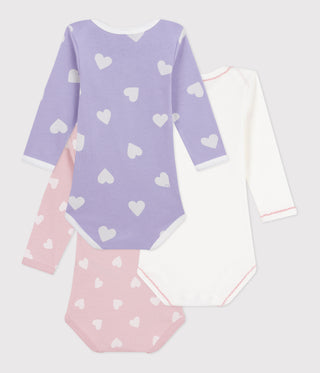 Babies' Long-Sleeved Heart Print Cotton Bodysuit - 3-Pack