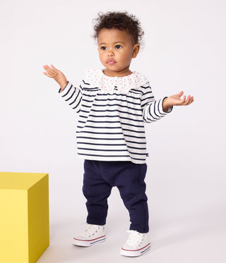 Babies' Long-Sleeved Cotton Blouse With Breton Stripes and Hearts On The Collar 