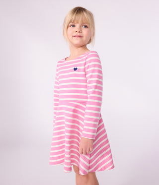 Girls' Long-Sleeved Stripy Heart Print Cotton Dress 