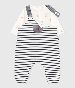 Babies' Two-Piece Set With Breton Striped Dungarees and a Printed Bodysuit