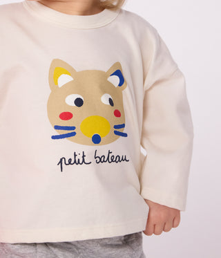 Babies' Long-Sleeved Cat-Print Cotton T-Shirt