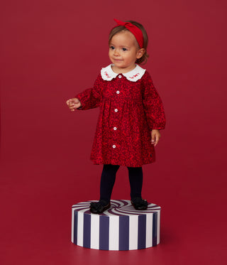 Babies' Long-Sleeved Printed Cotton Dress With An Embroidered Collar
