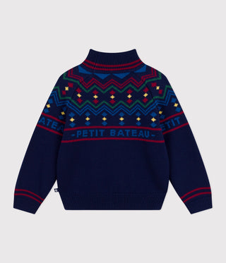 Children's High-Necked Jumper in Patterned Wool and Cotton