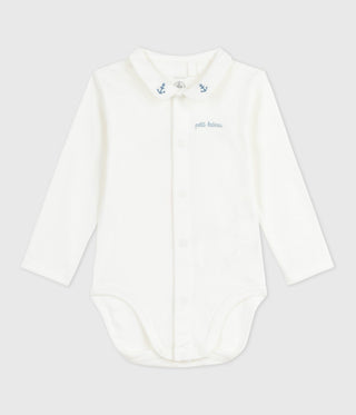Babies' Bodysuit with An Embroidered Collar and A Message On The Chest