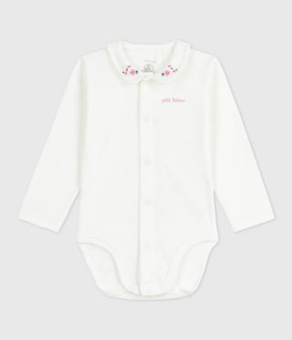 Babies' Bodysuit with An Embroidered Collar and A Message On The Chest