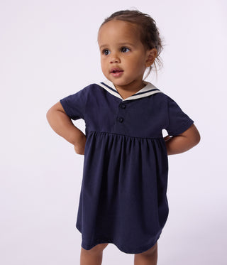 Babies' Short-Sleeved Plain Cotton Dress with A Sailor Collar
