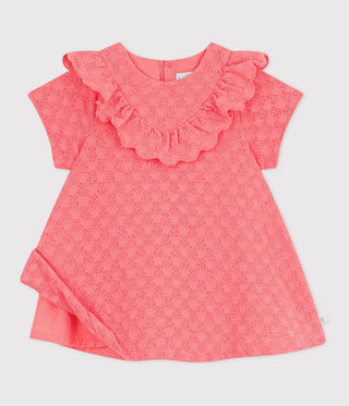 Babies' Dress in Broderie Anglaise with Short Sleeves and a Hearts Motif