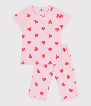 Girls' Short-Sleeved Heart Print Cotton Capri Pyjamas