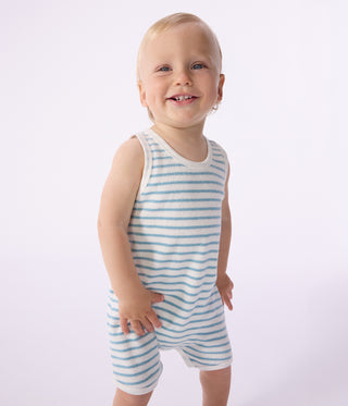 Babies' Sleeveless Short Jumpsuit in Stripy Cotton Terry Towelling