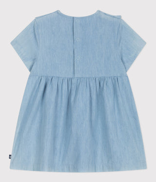 Babies' Short-Sleeved Cotton Dress in Chambray, Embroidered with Hearts
