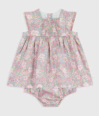 Babies' Short-Sleeved Cotton Dress and Matching Bloomers Printed with Hearts