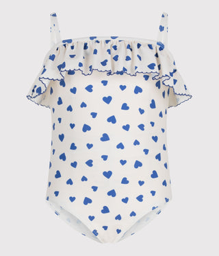 Girls' One-Piece Heart Print Ruffled Swimsuit.