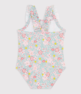 Babies' One-Piece Swimsuit with Ruffles and A Flower Print.