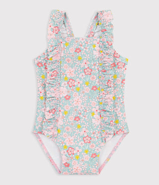 Babies' One-Piece Swimsuit with Ruffles and A Flower Print.