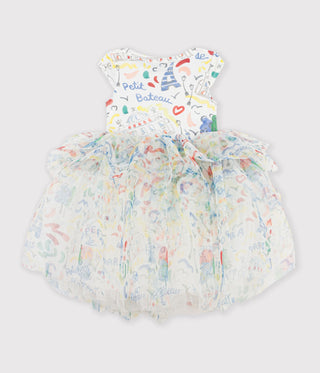 Girls' Short-Sleeved Dress in Opera Printed Cotton and Tulle