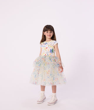 Girls' Short-Sleeved Dress in Opera Printed Cotton and Tulle