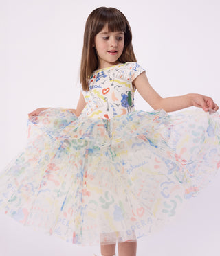 Girls' Short-Sleeved Dress in Opera Printed Cotton and Tulle