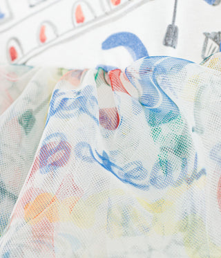 Girls' Short-Sleeved Dress in Opera Printed Cotton and Tulle