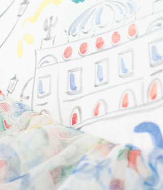 Girls' Short-Sleeved Dress in Opera Printed Cotton and Tulle