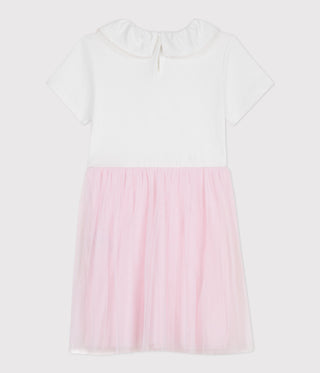 Girl's Short-Sleeved Cotton and Tulle Heart-Patterned Dress
