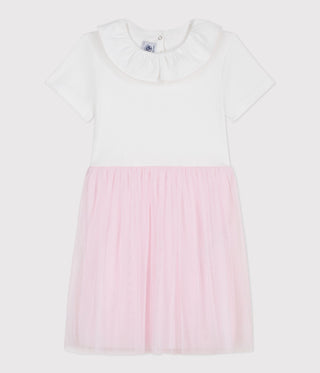 Girl's Short-Sleeved Cotton and Tulle Heart-Patterned Dress