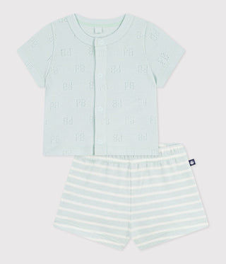 Babies' Short Cotton Two-Piece Outfit with A Stripy Bottom Half