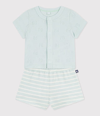 Babies' Short Cotton Two-Piece Outfit with A Stripy Bottom Half