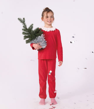 Children's Plain Ribbed Velour Pyjamas with a Ruff